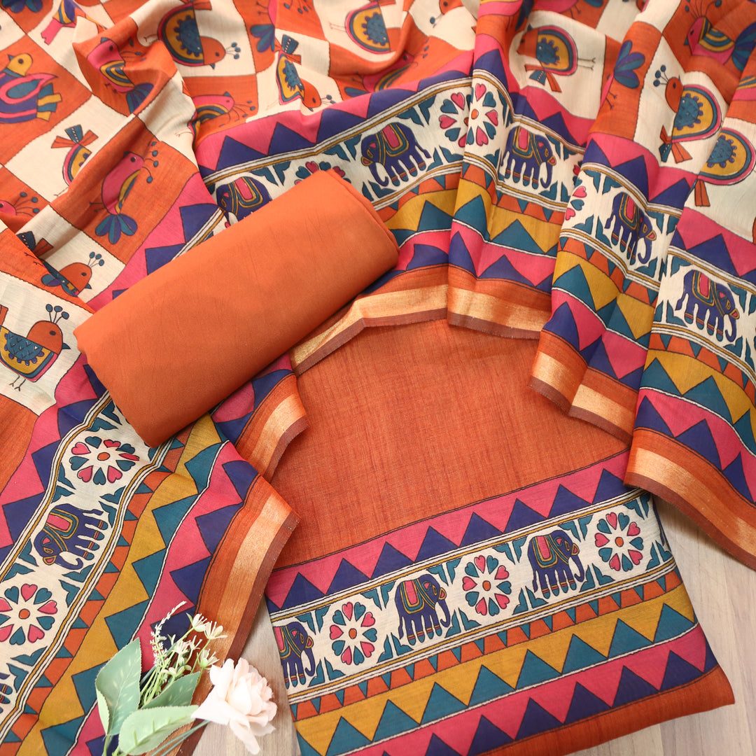 Pulvi Rust Orange Printed Hem and Dupatta Maheswari Chanderi Set