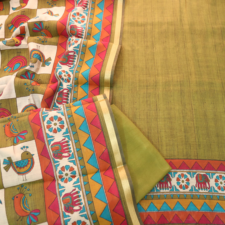 Pulvi Leaf Green Printed Hem and Dupatta Maheswari Chanderi Set