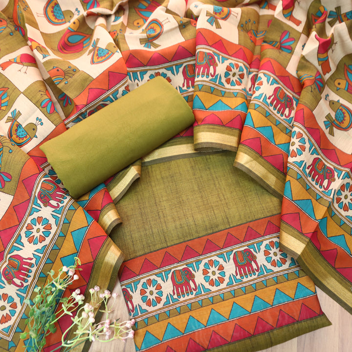Pulvi Leaf Green Printed Hem and Dupatta Maheswari Chanderi Set