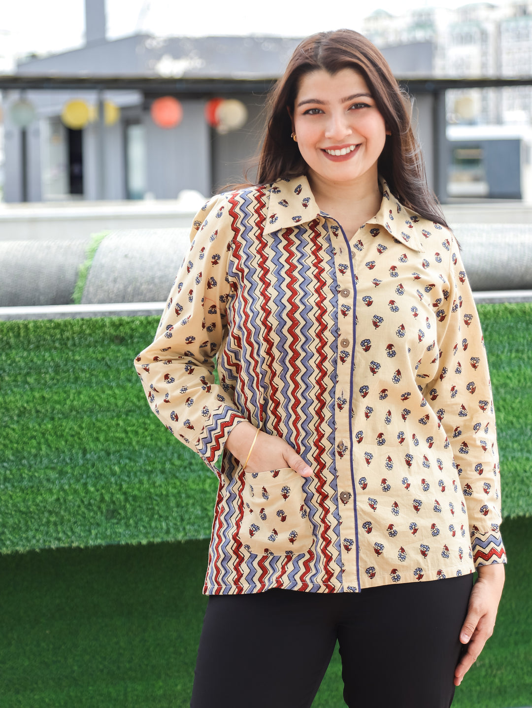 Purvi Sand Beige Ajrak Cotton Shirt