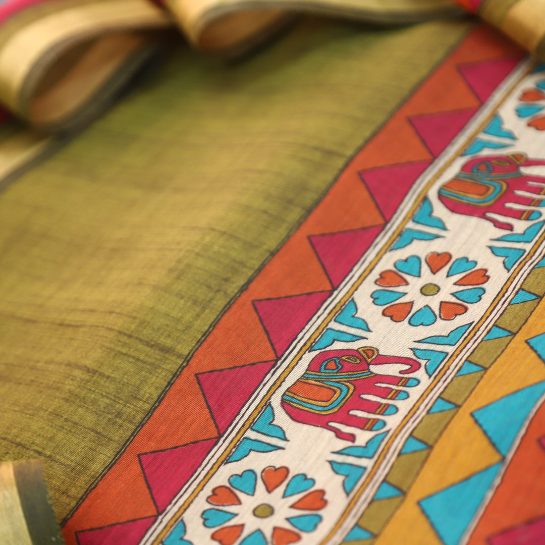 Pulvi Leaf Green Printed Hem and Dupatta Maheswari Chanderi Set