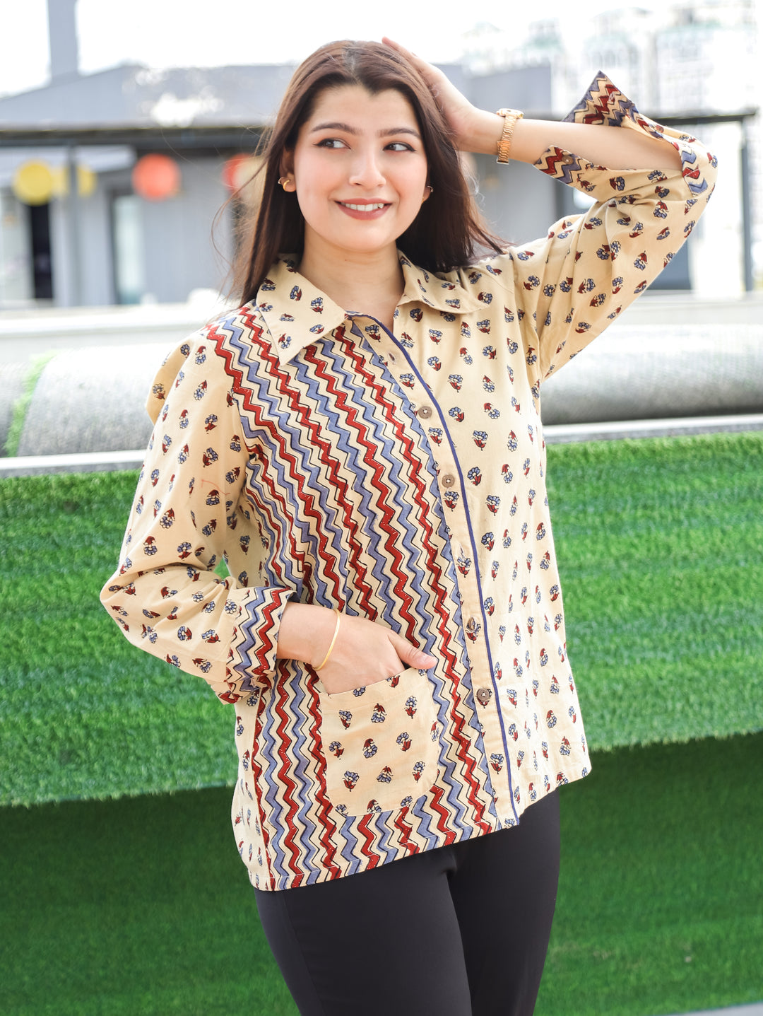 Purvi Sand Beige Ajrak Cotton Shirt