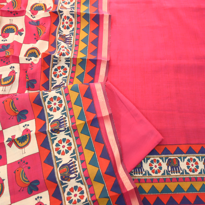 Pulvi Flamingo Pink Printed Hem and Dupatta Maheswari Chanderi Set
