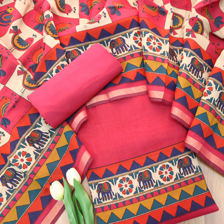 Pulvi Flamingo Pink Printed Hem and Dupatta Maheswari Chanderi Set