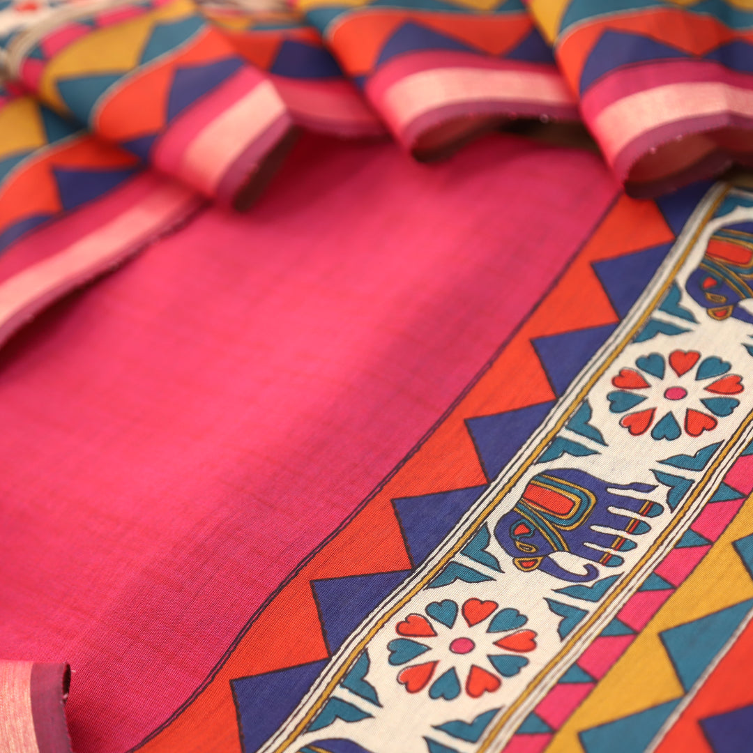 Pulvi Flamingo Pink Printed Hem and Dupatta Maheswari Chanderi Set