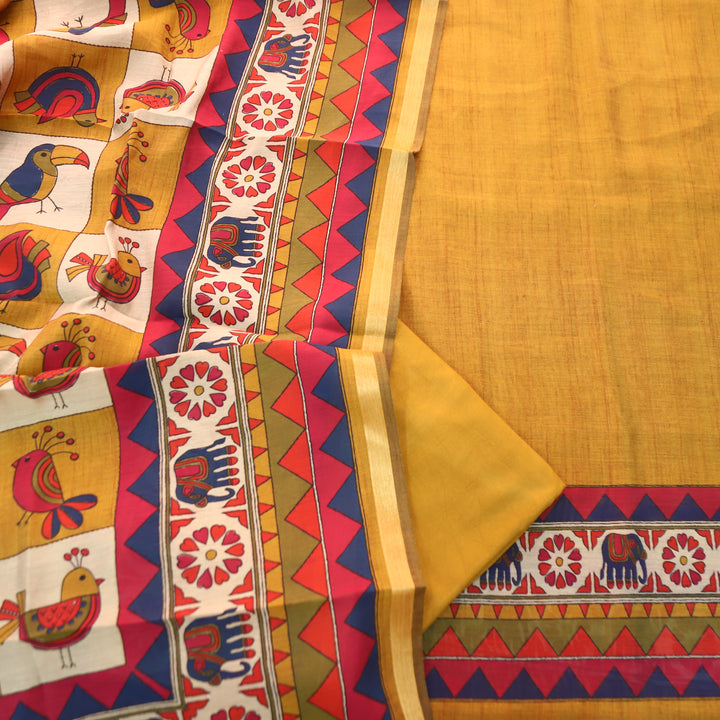 Pulvi Dijon Yellow Printed Hem and Dupatta Maheswari Chanderi Set