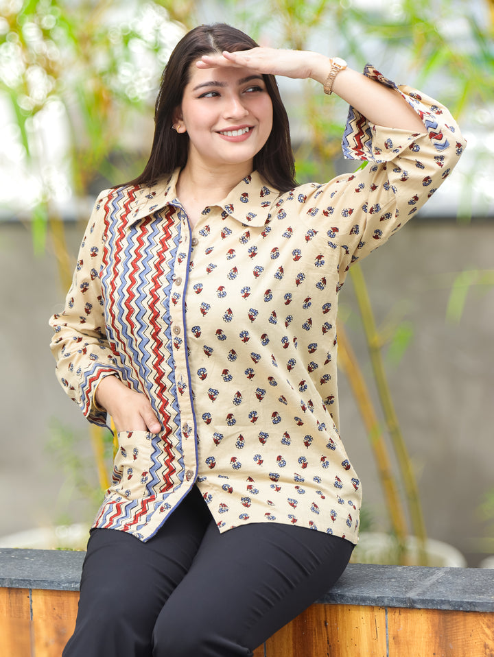 Purvi Sand Beige Ajrak Cotton Shirt