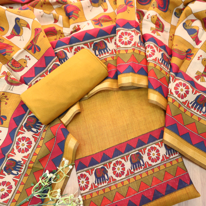 Pulvi Dijon Yellow Printed Hem and Dupatta Maheswari Chanderi Set