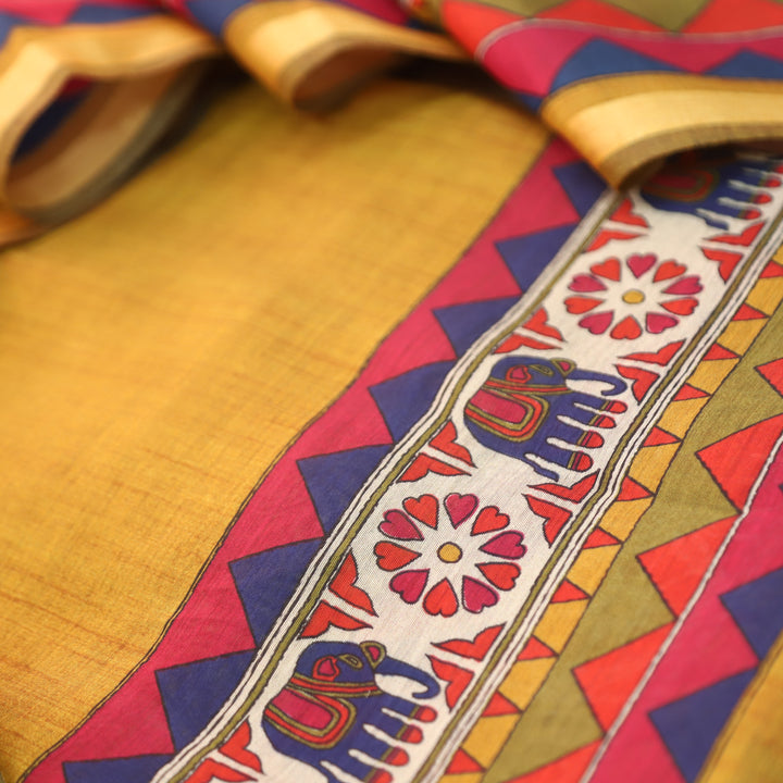 Pulvi Dijon Yellow Printed Hem and Dupatta Maheswari Chanderi Set