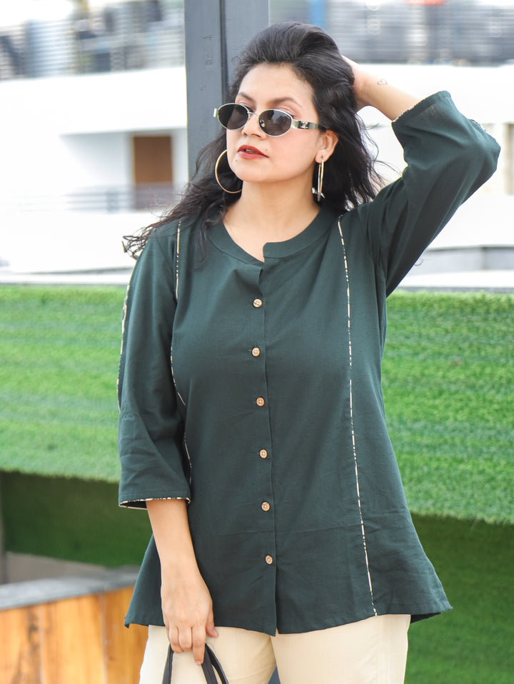 Arya Sacramento Green Ban Collar Cotton Shirt