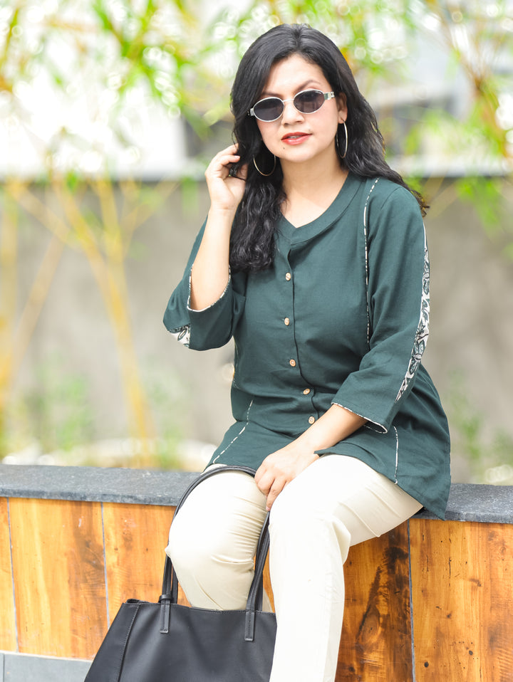 Arya Sacramento Green Ban Collar Cotton Shirt