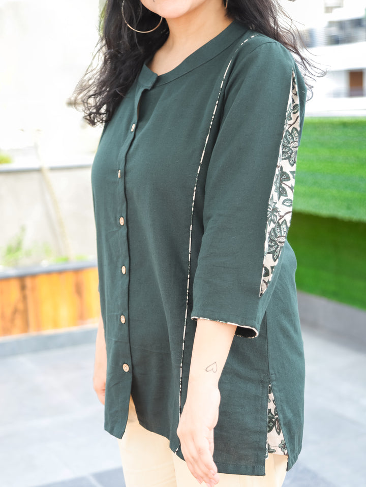 Arya Sacramento Green Ban Collar Cotton Shirt