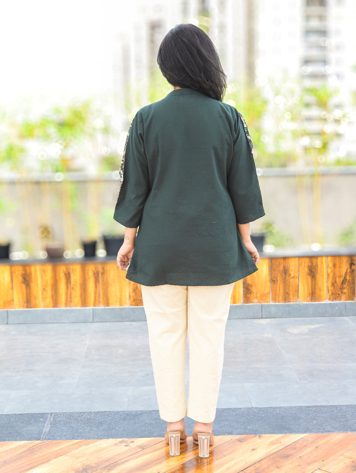 Arya Sacramento Green Ban Collar Cotton Shirt