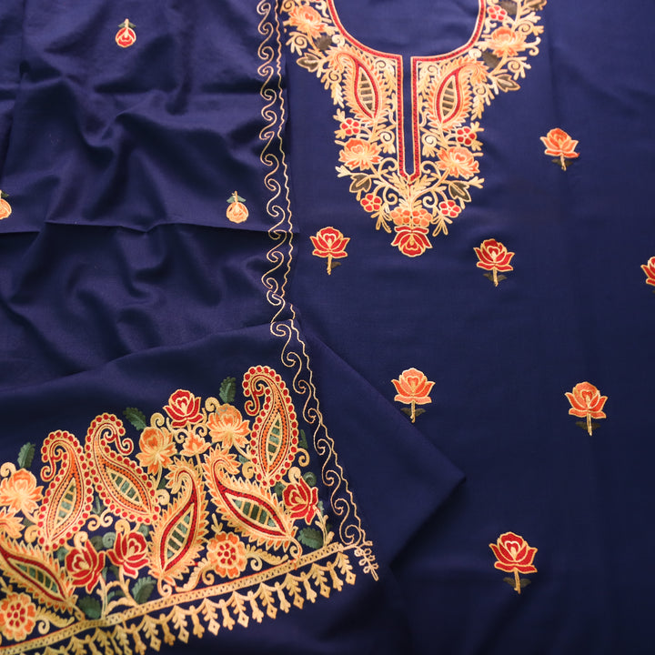 योगिनी Royal Blue Woven with Kashida Embroidery Semi Pashmina Winter Set
