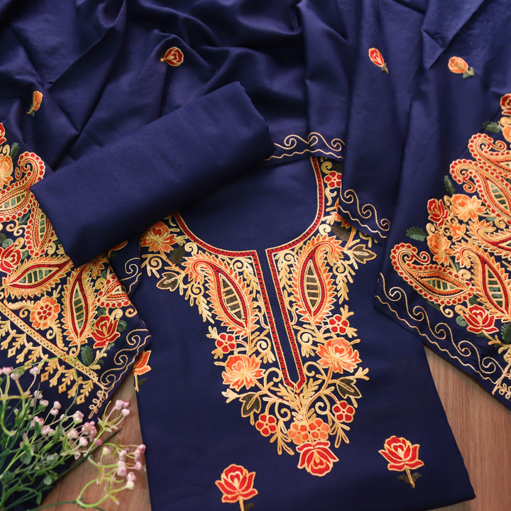 योगिनी Royal Blue Woven with Kashida Embroidery Semi Pashmina Winter Set