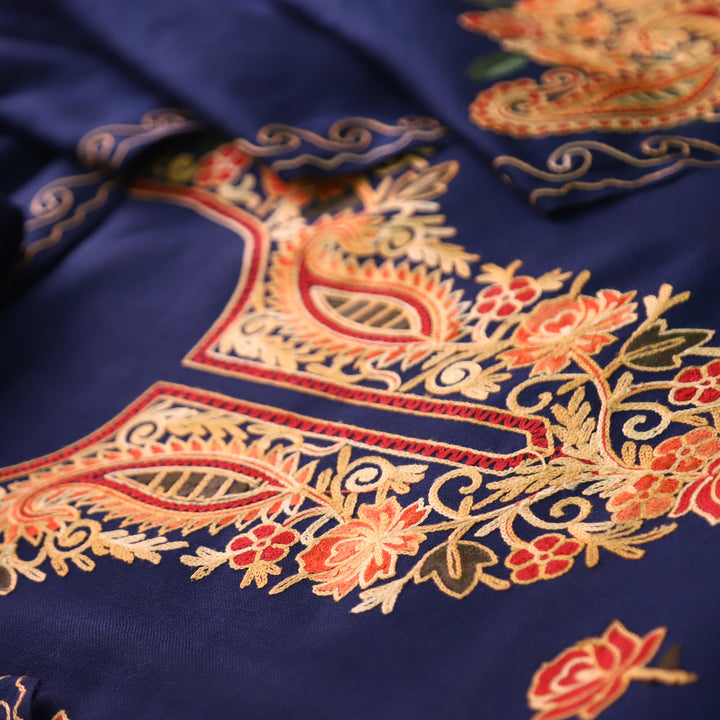 योगिनी Royal Blue Woven with Kashida Embroidery Semi Pashmina Winter Set