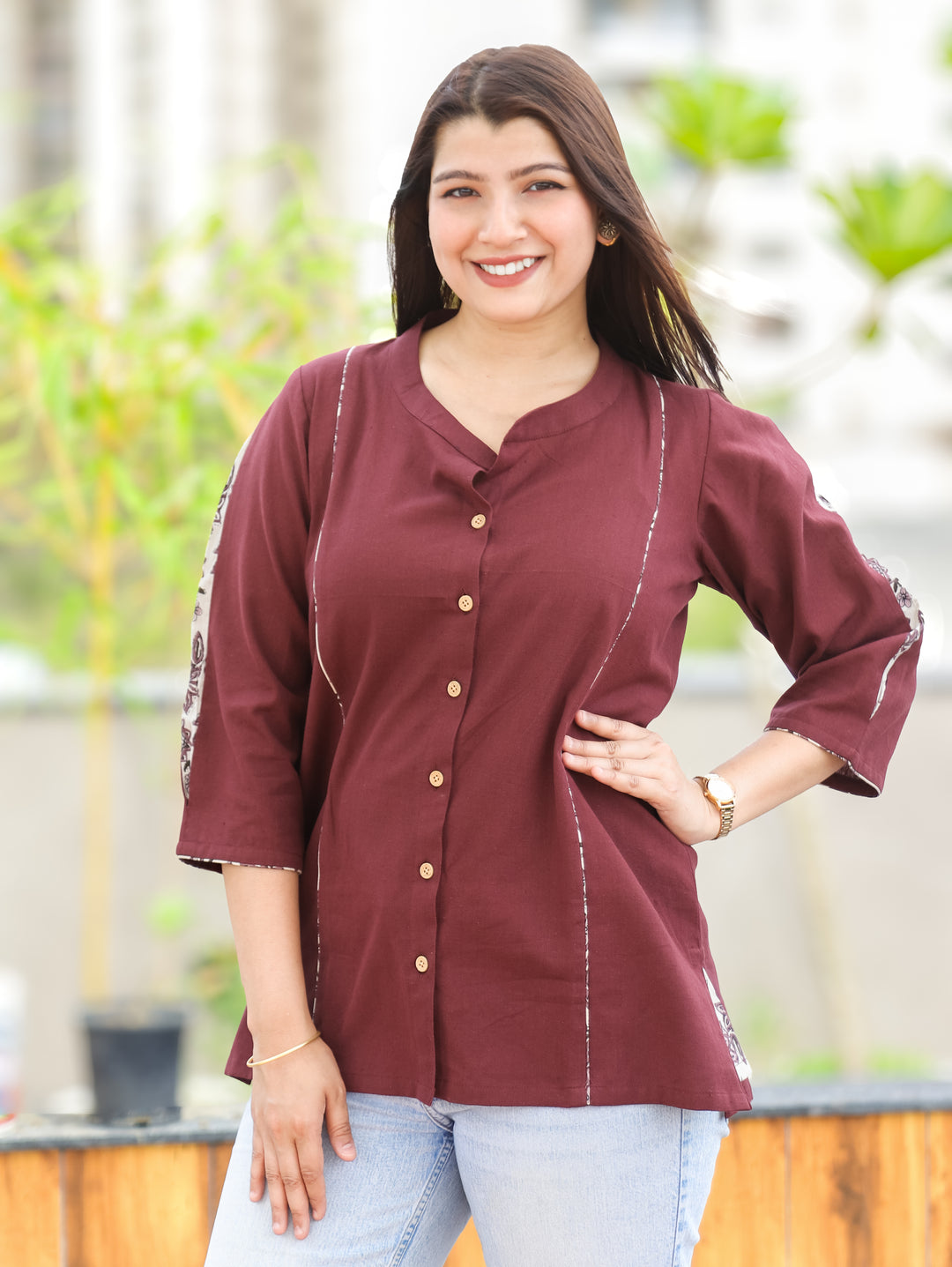 Arya Burgundy Ban Collar Cotton Shirt