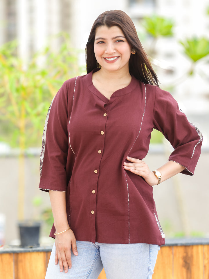 Arya Burgundy Ban Collar Cotton Shirt