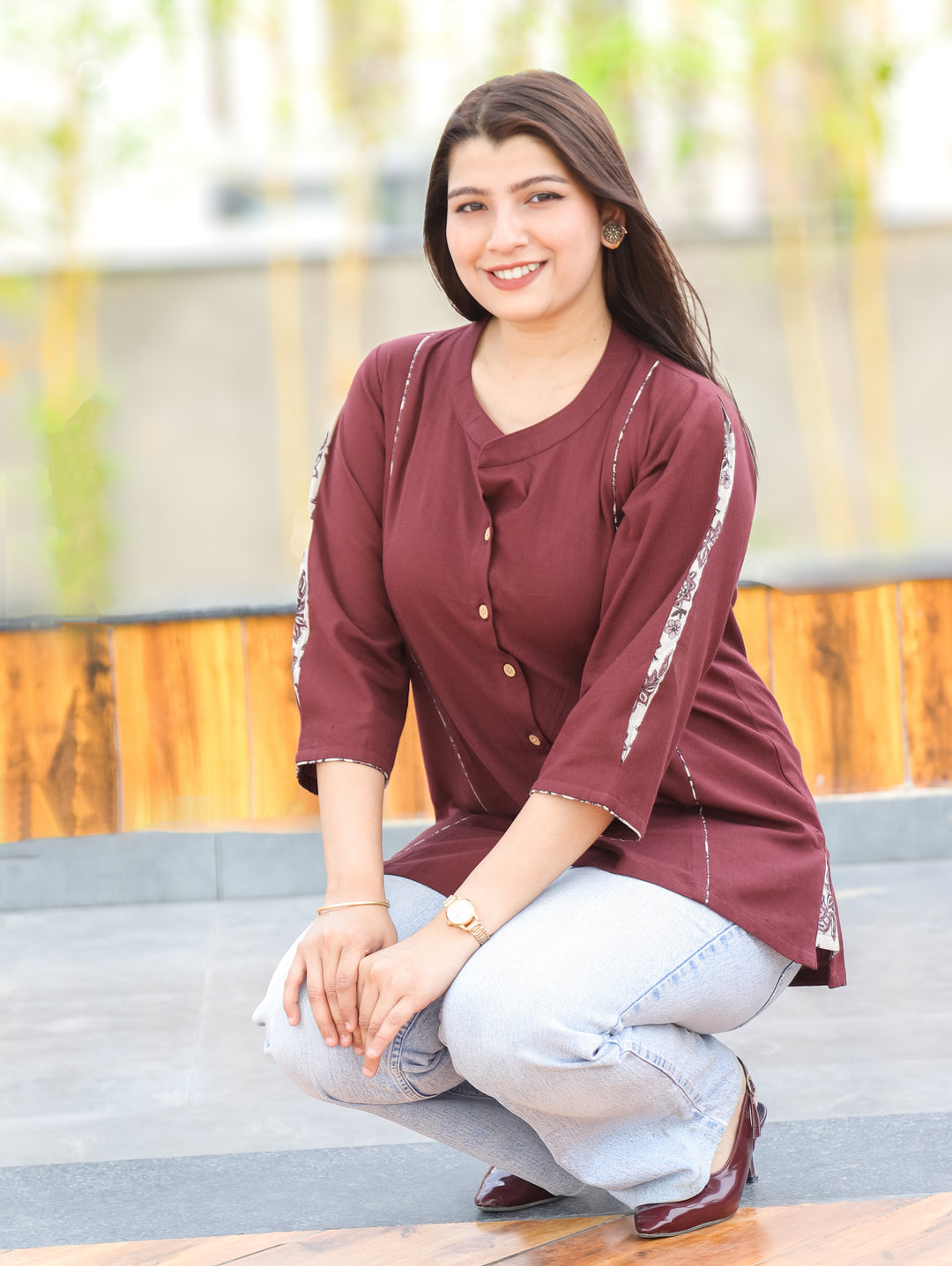 Arya Burgundy Ban Collar Cotton Shirt