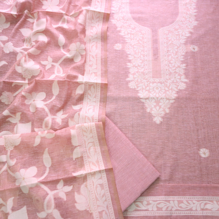 Rubina Blush Pink Authentic Jamdani Weaved Neck Chanderi Set