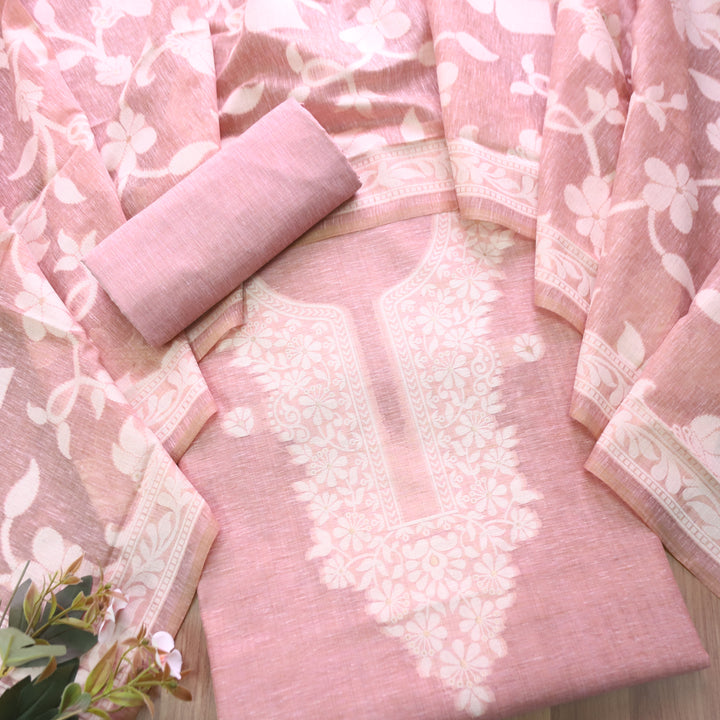 Rubina Blush Pink Authentic Jamdani Weaved Neck Chanderi Set