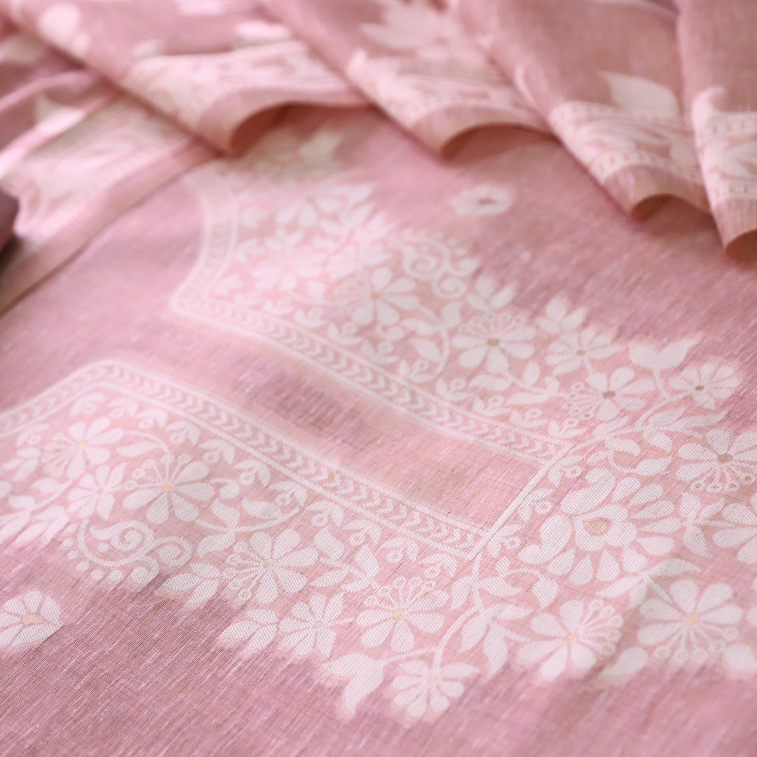 Rubina Blush Pink Authentic Jamdani Weaved Neck Chanderi Set