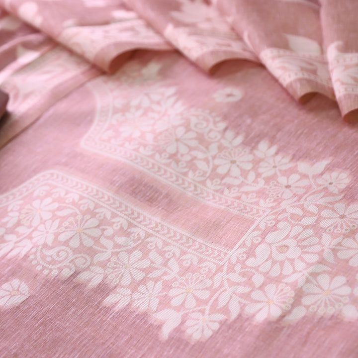 Rubina Blush Pink Authentic Jamdani Weaved Neck Chanderi Set