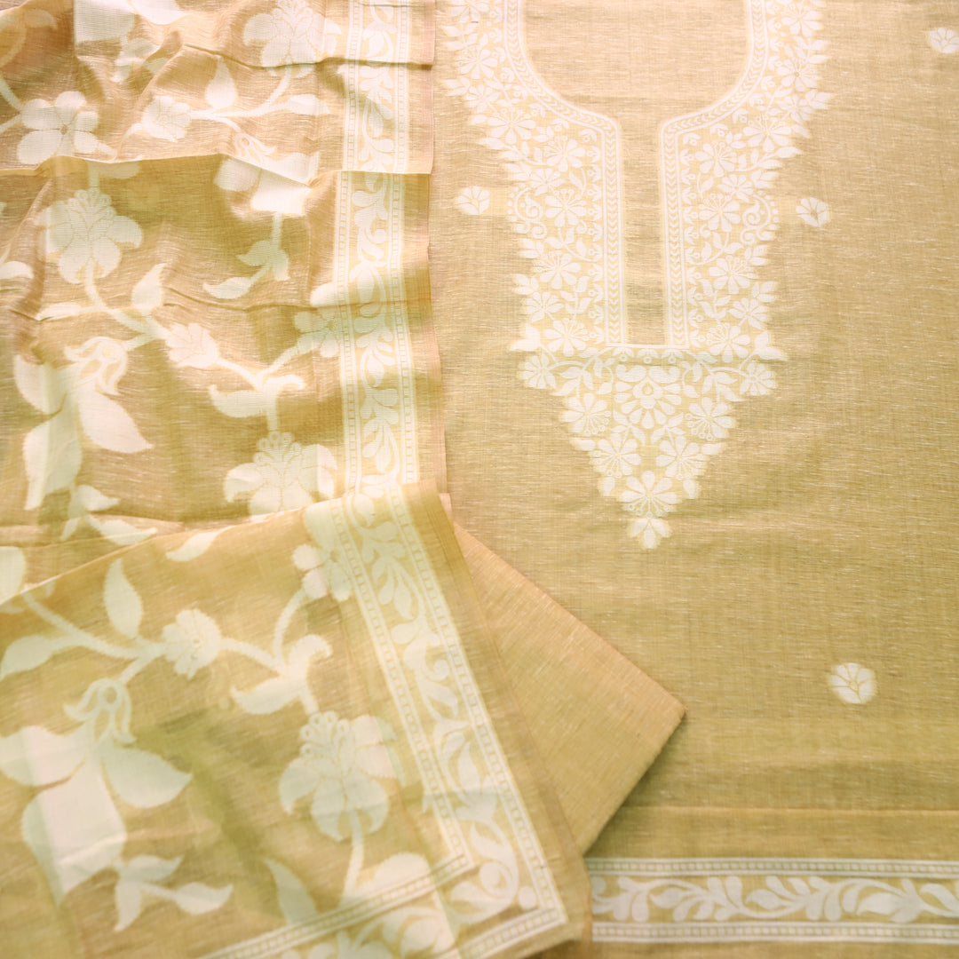 Rubina Peanut Yellow Authentic Jamdani Weaved Neck Chanderi Set