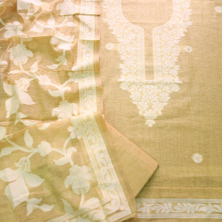 Rubina Peanut Yellow Authentic Jamdani Weaved Neck Chanderi Set