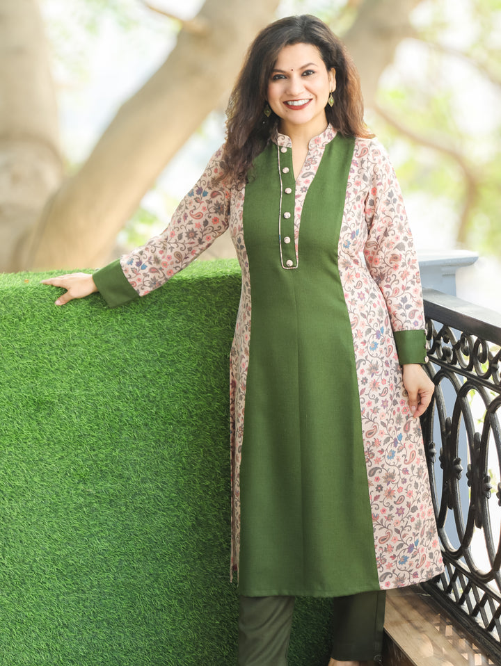 Khushi Green Ban Collar Panel Kanni Print Button Work Semi Pashmina Winter Kurti