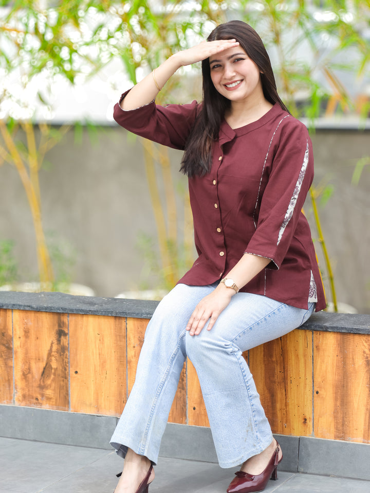 Arya Burgundy Ban Collar Cotton Shirt