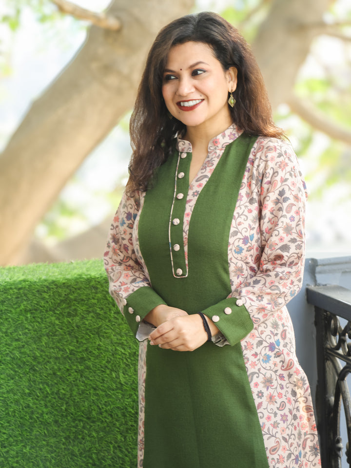 Khushi Green Ban Collar Panel Kanni Print Button Work Semi Pashmina Winter Kurti