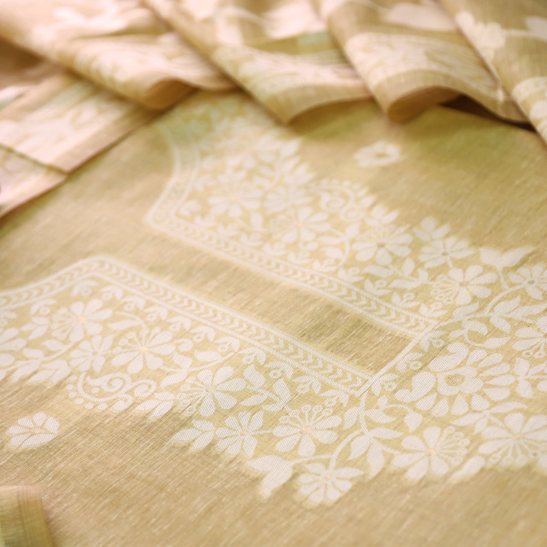 Rubina Peanut Yellow Authentic Jamdani Weaved Neck Chanderi Set