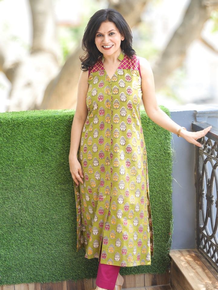 Sanjivi Leaf Green Buddha Print Cotton Kurti
