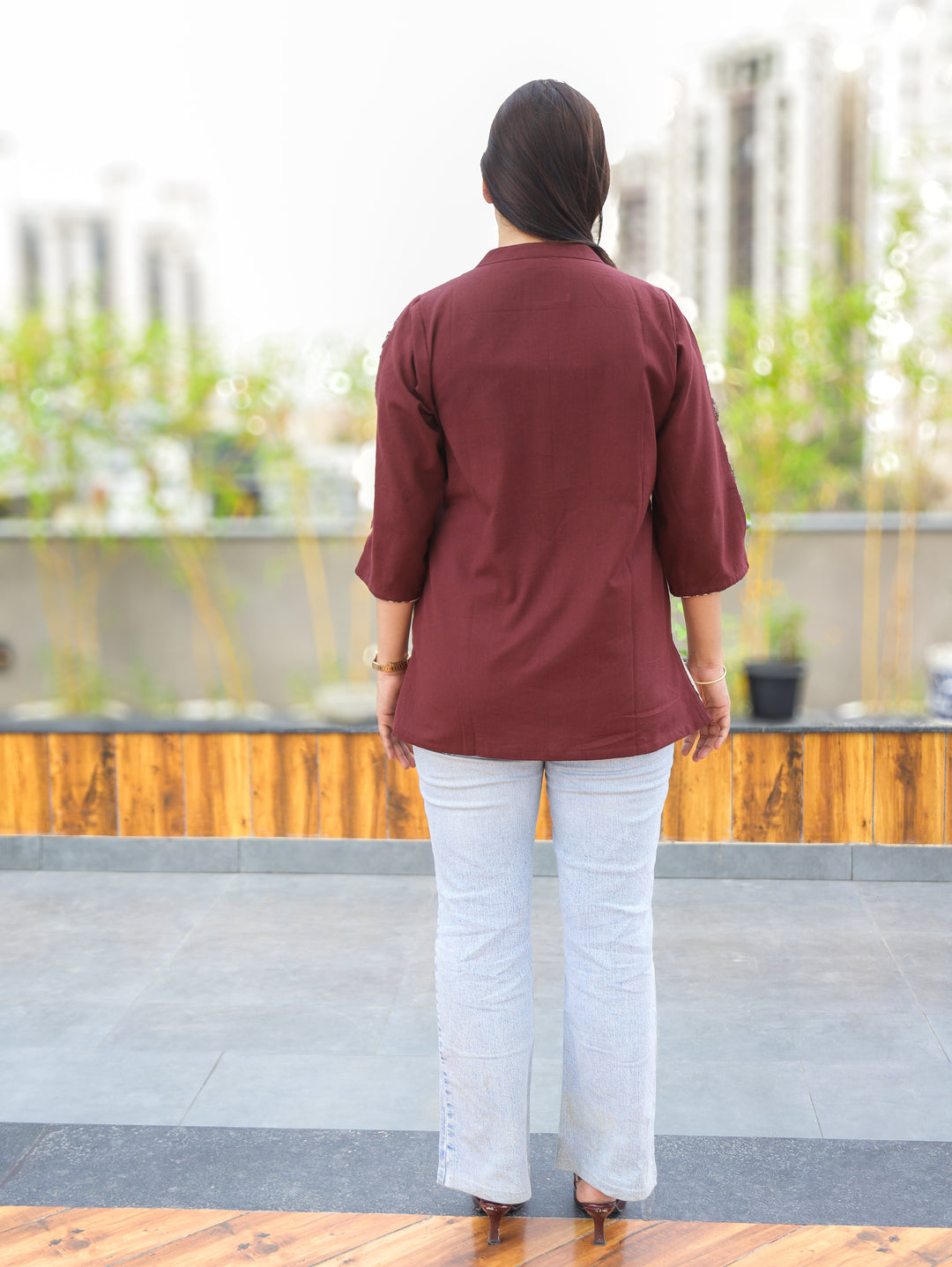 Arya Burgundy Ban Collar Cotton Shirt