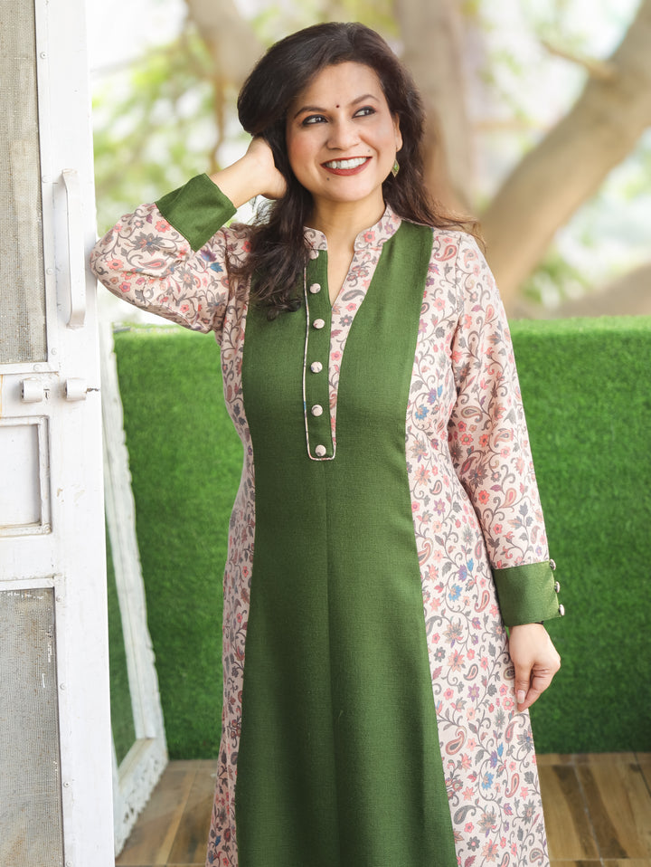 Khushi Green Ban Collar Panel Kanni Print Button Work Semi Pashmina Winter Kurti