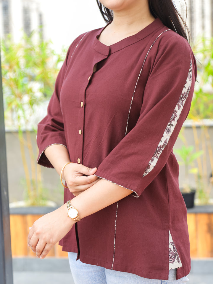 Arya Burgundy Ban Collar Cotton Shirt