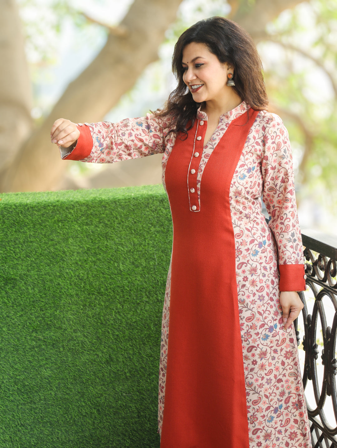 Khushi Rust Ban Collar Panel Kanni Print Button Work Semi Pashmina Winter Kurti