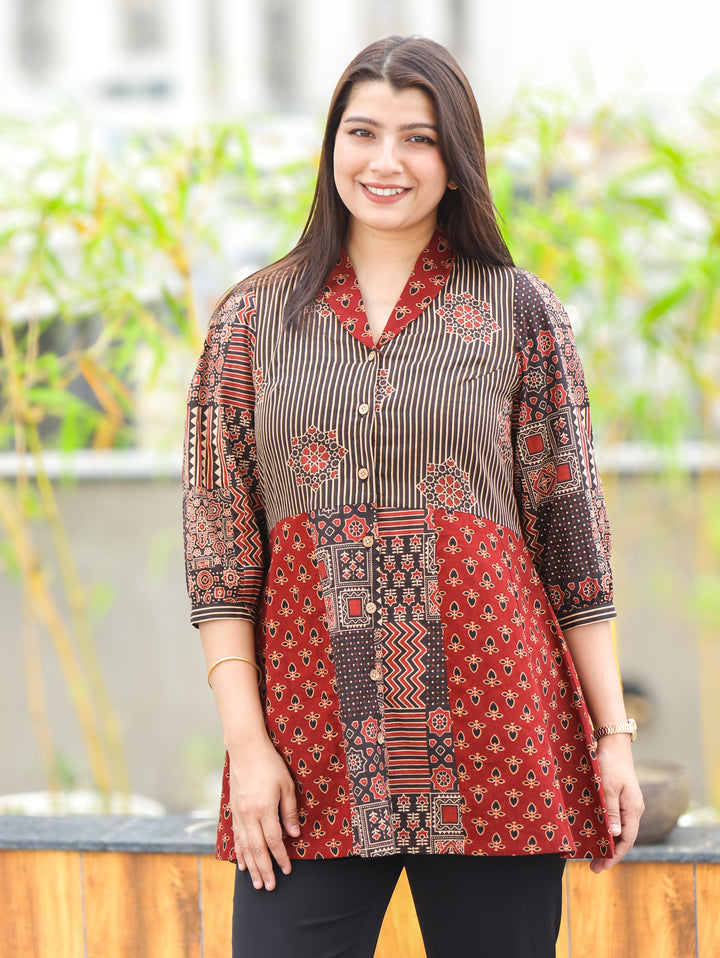 Sara Maroon Red Peplum Ajrak Cotton Shirt