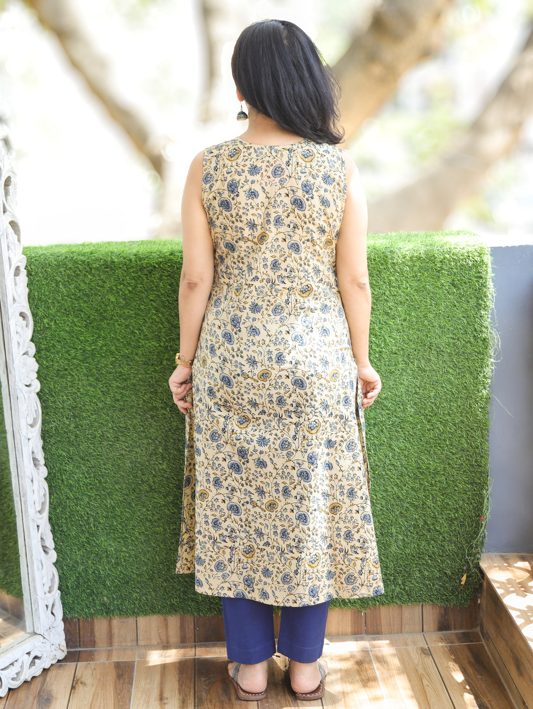 Arya Beige Blue Ajrak Panel Cotton Kurti