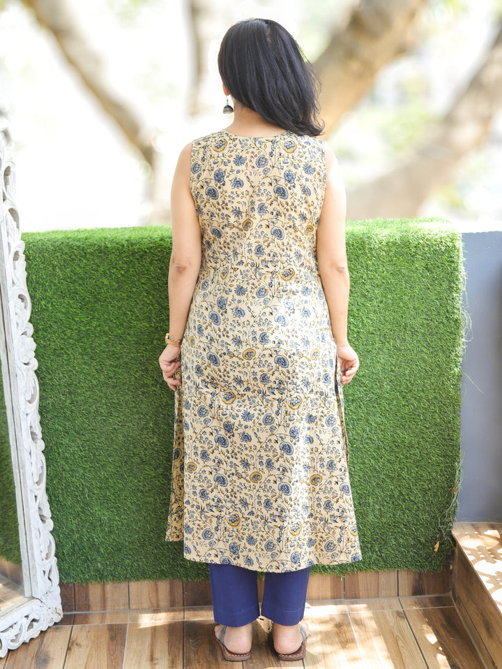 Arya Beige Blue Ajrak Panel Cotton Kurti