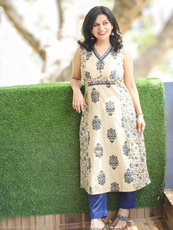 Arya Beige Blue Ajrak Panel Cotton Kurti