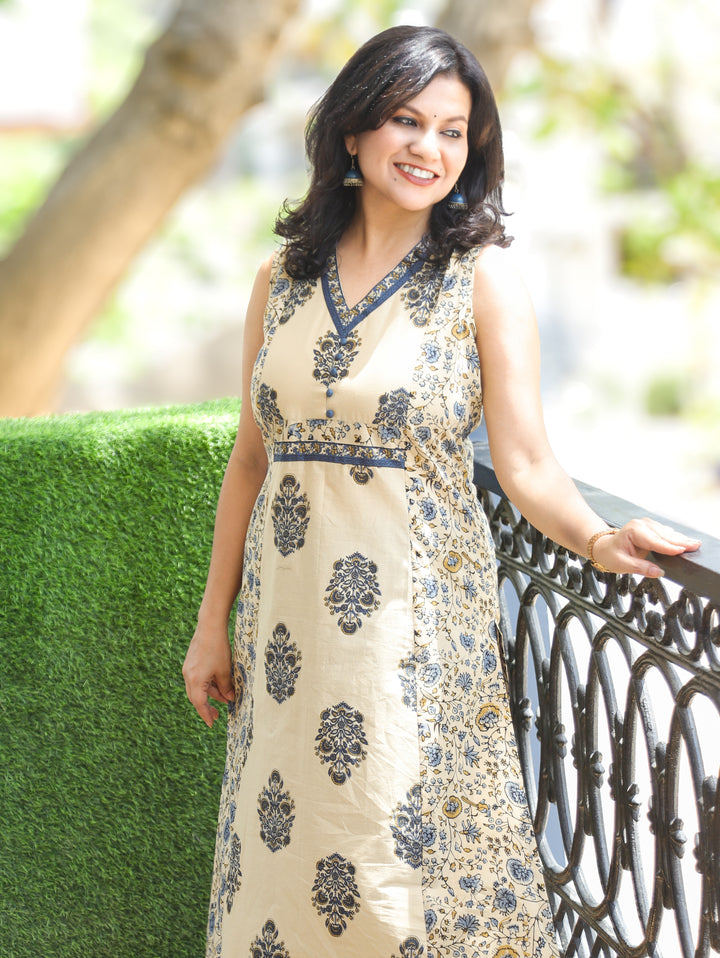 Arya Beige Blue Ajrak Panel Cotton Kurti