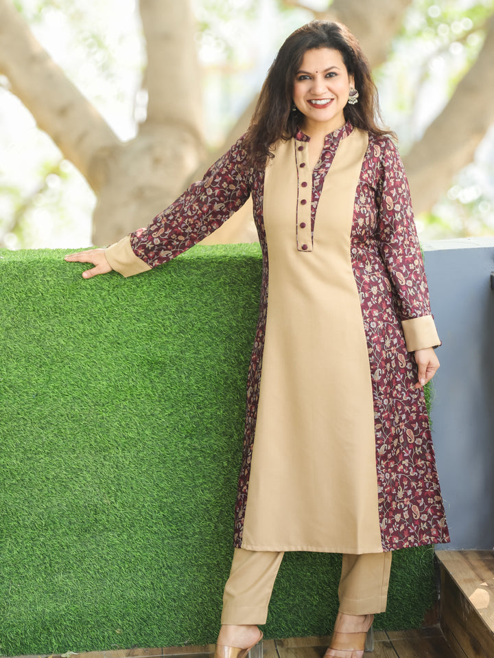 Khushi Wine Ban Collar Panel Kanni Print Button Work Semi Pashmina Winter Kurti