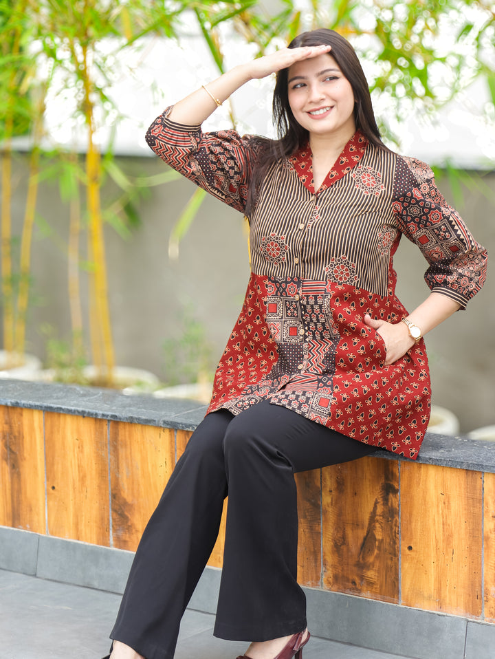 Sara Maroon Red Peplum Ajrak Cotton Shirt