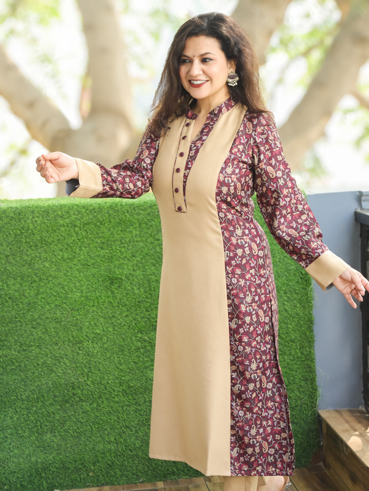 Khushi Wine Ban Collar Panel Kanni Print Button Work Semi Pashmina Winter Kurti