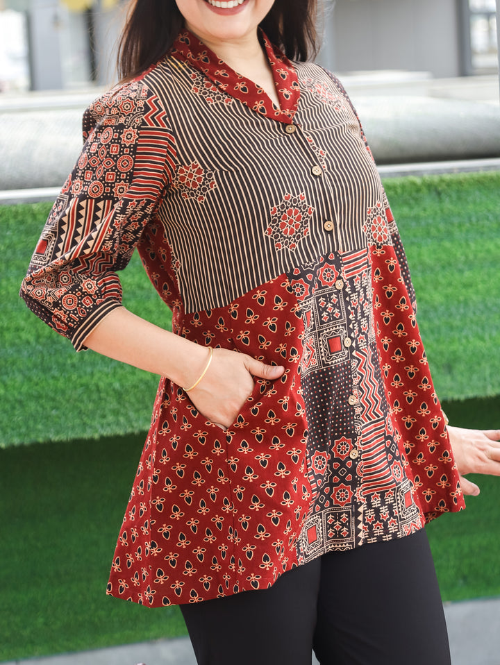 Sara Maroon Red Peplum Ajrak Cotton Shirt