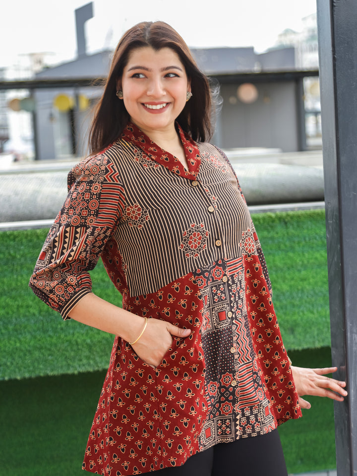 Sara Maroon Red Peplum Ajrak Cotton Shirt
