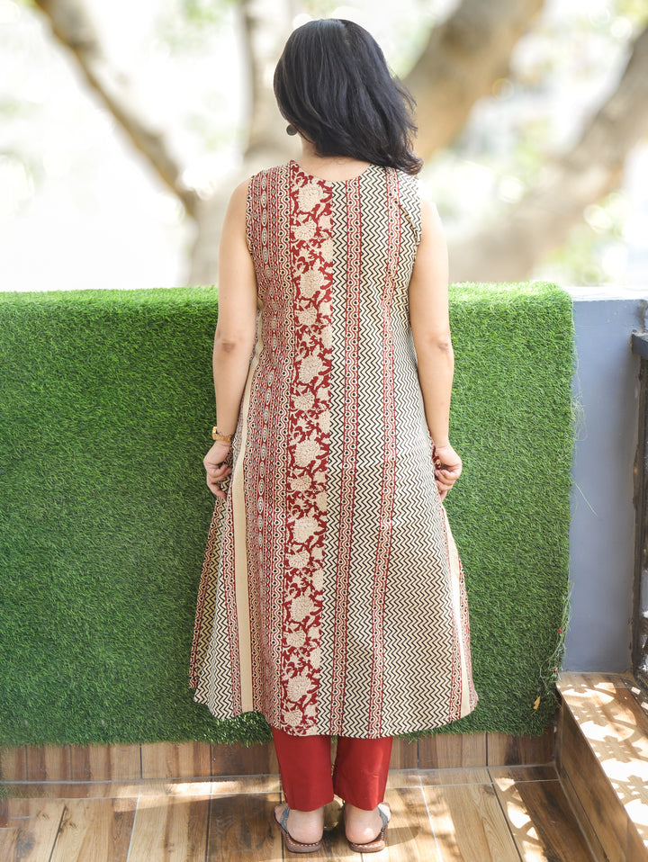 Arya Beige Red Ajrak Panel Cotton Kurti