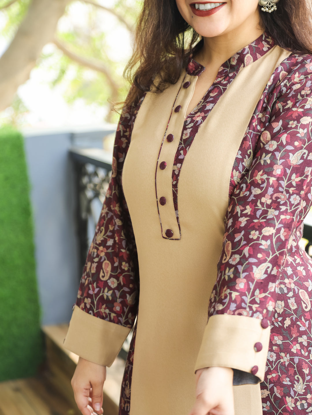 Khushi Wine Ban Collar Panel Kanni Print Button Work Semi Pashmina Winter Kurti